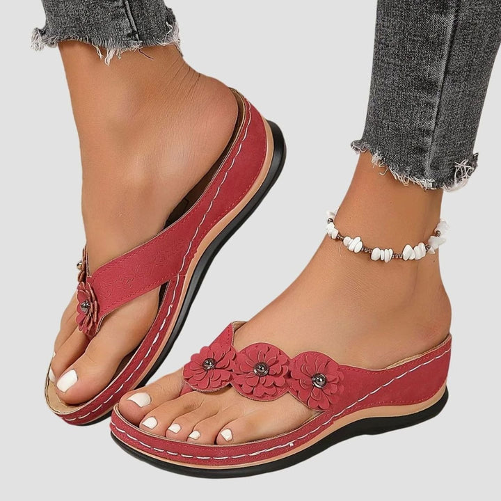 Women's Orthopedic Arch-Support Wedge Flip Flops Floral Toe-Post Sandals - Red