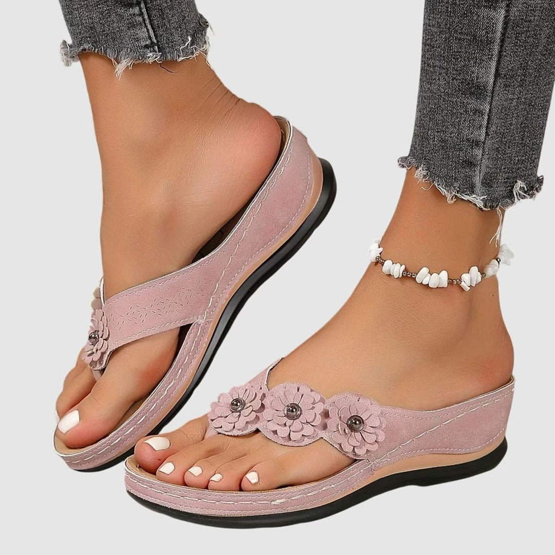 Women's Orthopedic Arch-Support Wedge Flip Flops Floral Toe-Post Sandals - Pink