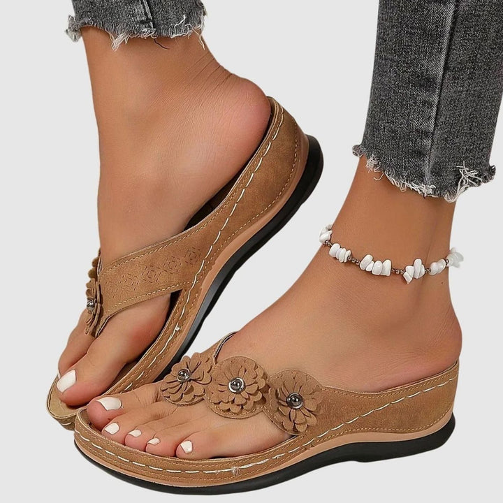 Women's Orthopedic Arch-Support Wedge Flip Flops Floral Toe-Post Sandals - Dark Brown