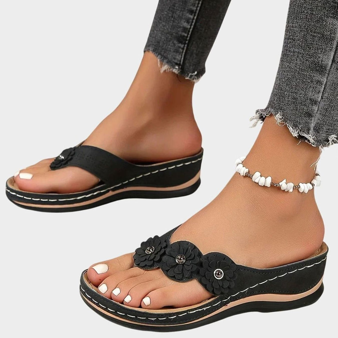 Women's Orthopedic Arch-Support Wedge Flip Flops Floral Toe-Post Sandals - Black