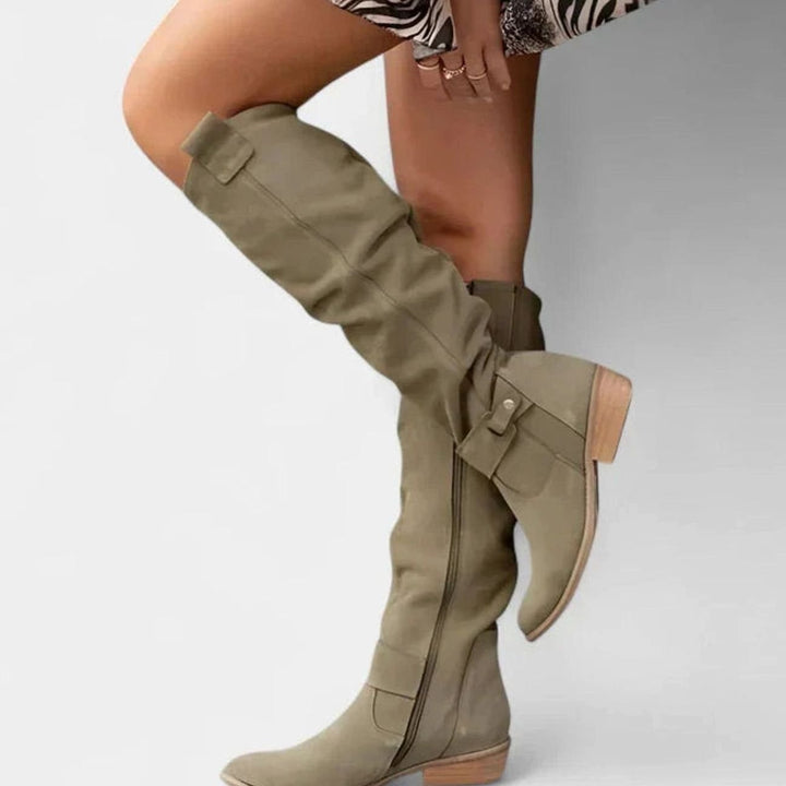 Women's Orthopedic Boots Knee-High Slouch Block-Heel Strap - Dark Green