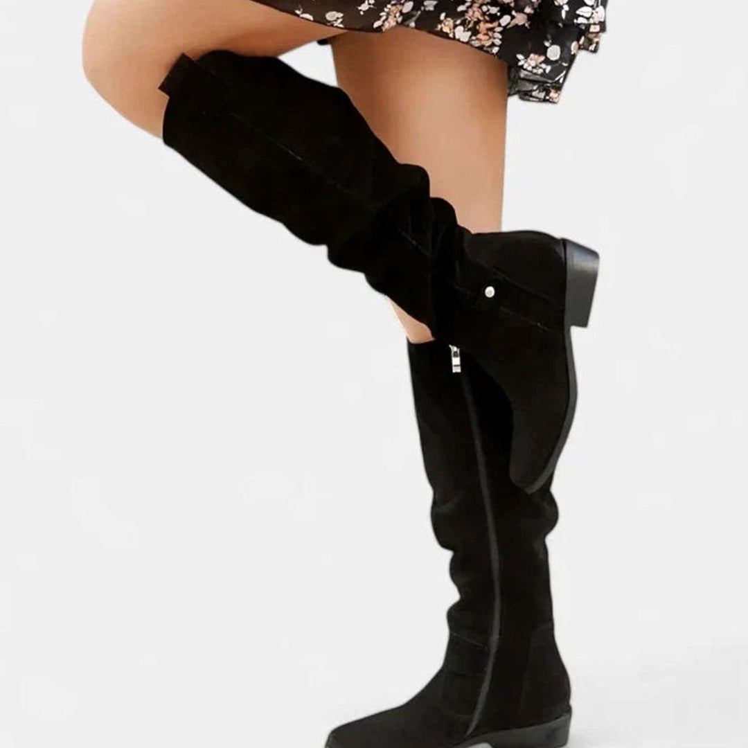 Women's Orthopedic Boots Knee-High Slouch Block-Heel Strap - Black