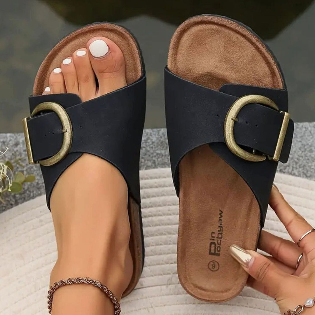 Women's Orthopedic Cork-Footbed Buckle Slide Sandals - Black