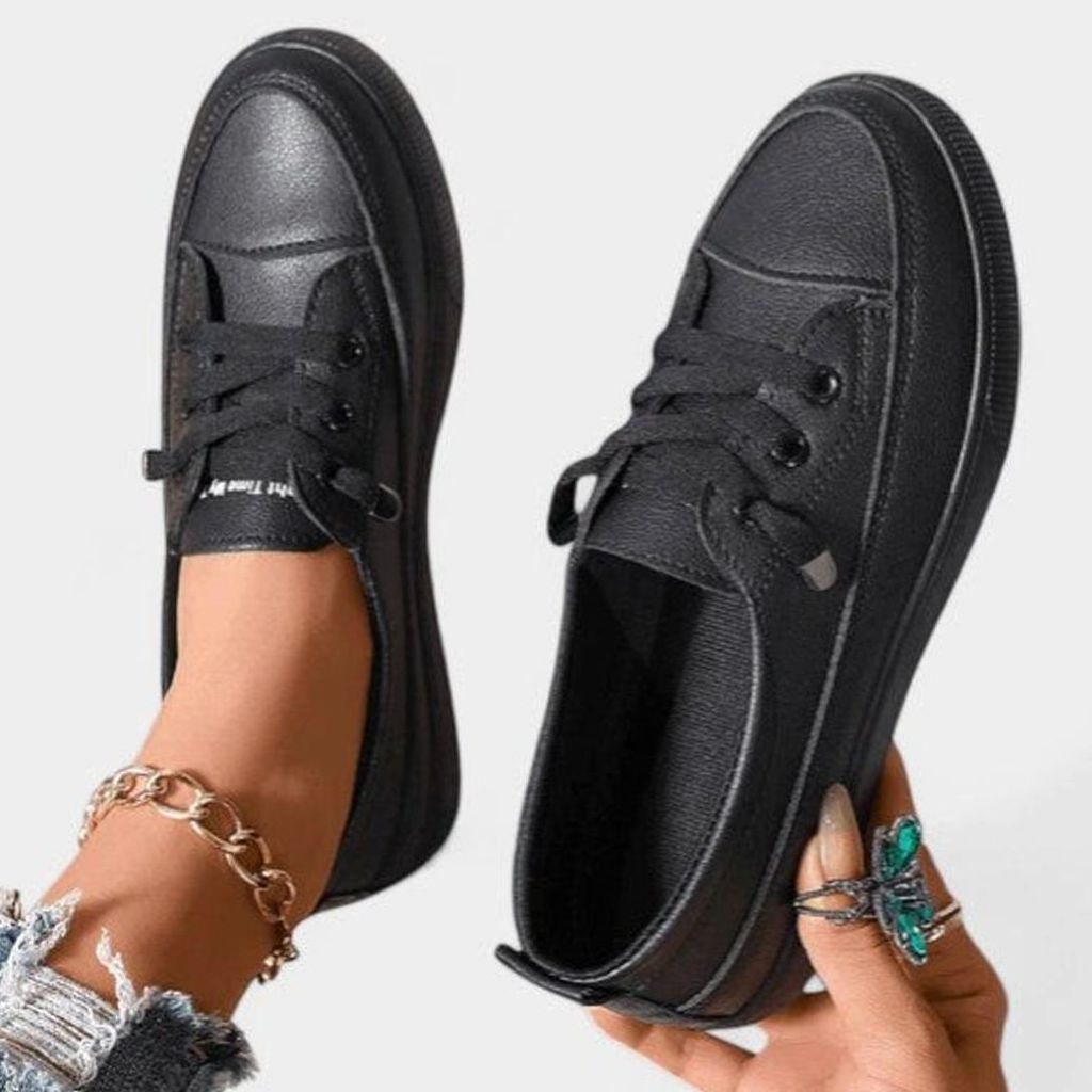 Women's Orthopedic Cushioned Insole Lace-Up Platform Sneakers - Black