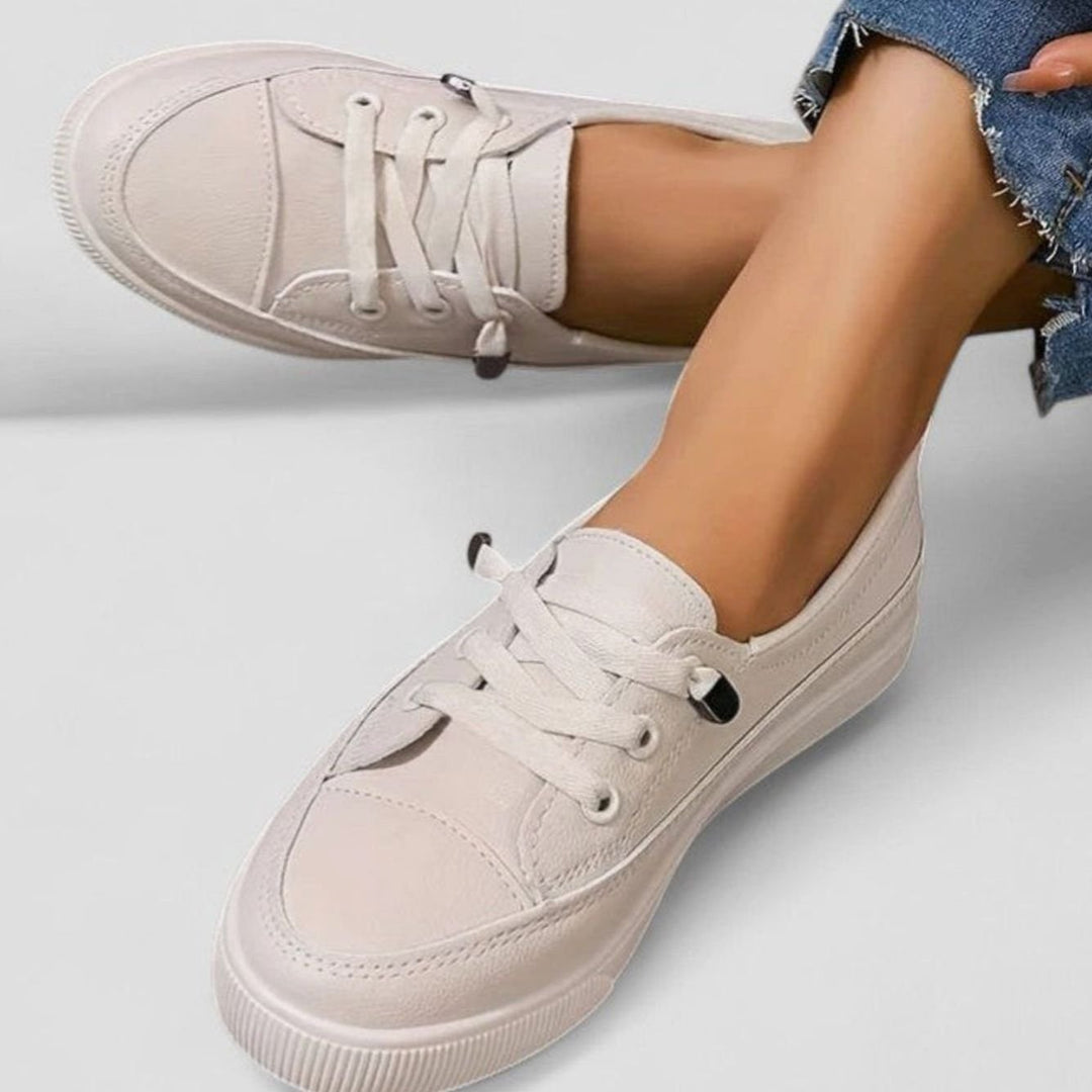 Women's Orthopedic Cushioned Insole Lace-Up Platform Sneakers - Beige