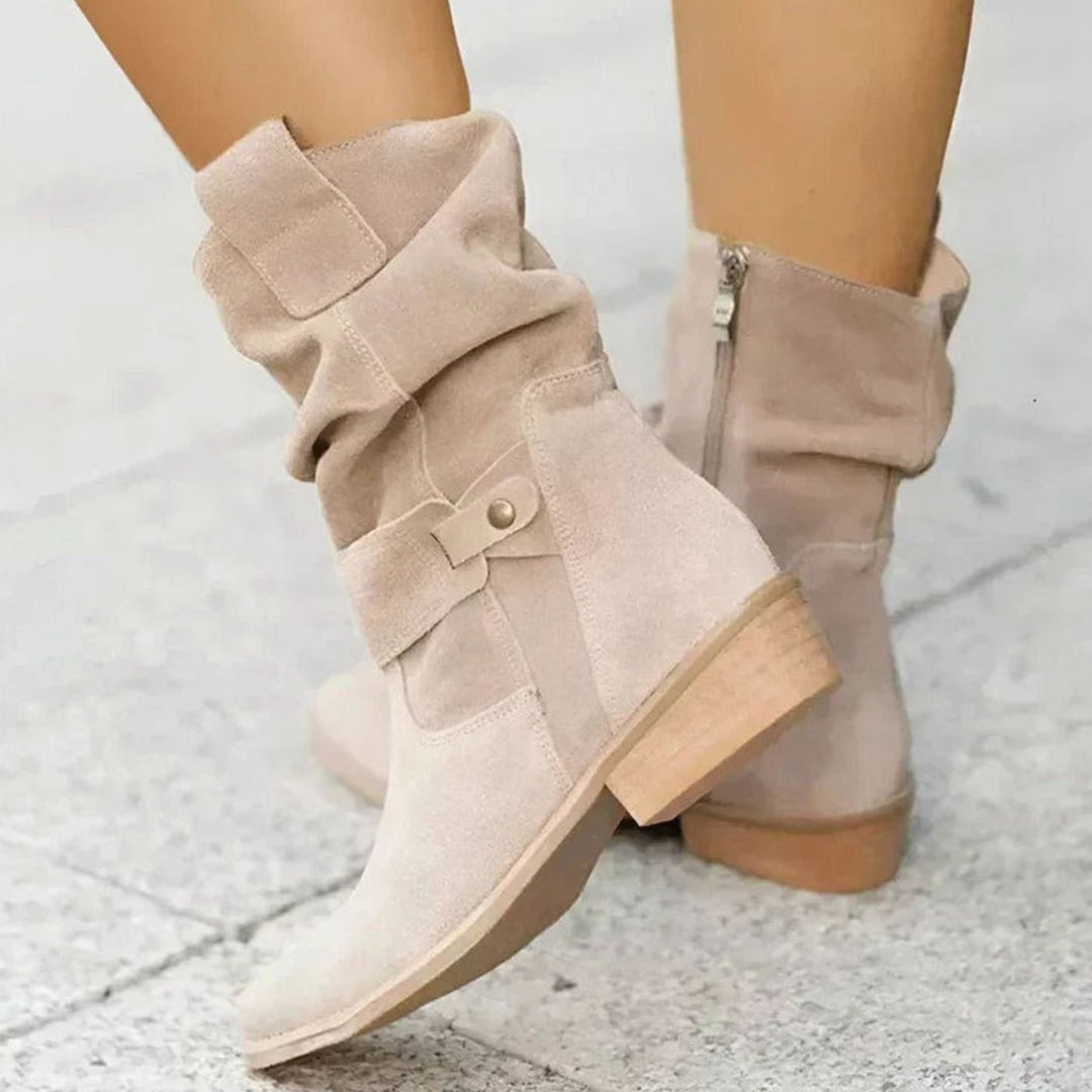 Women's Orthopedic Faux-Suede Slouch Ankle Boots Wide-Fit Block Heel - Beige