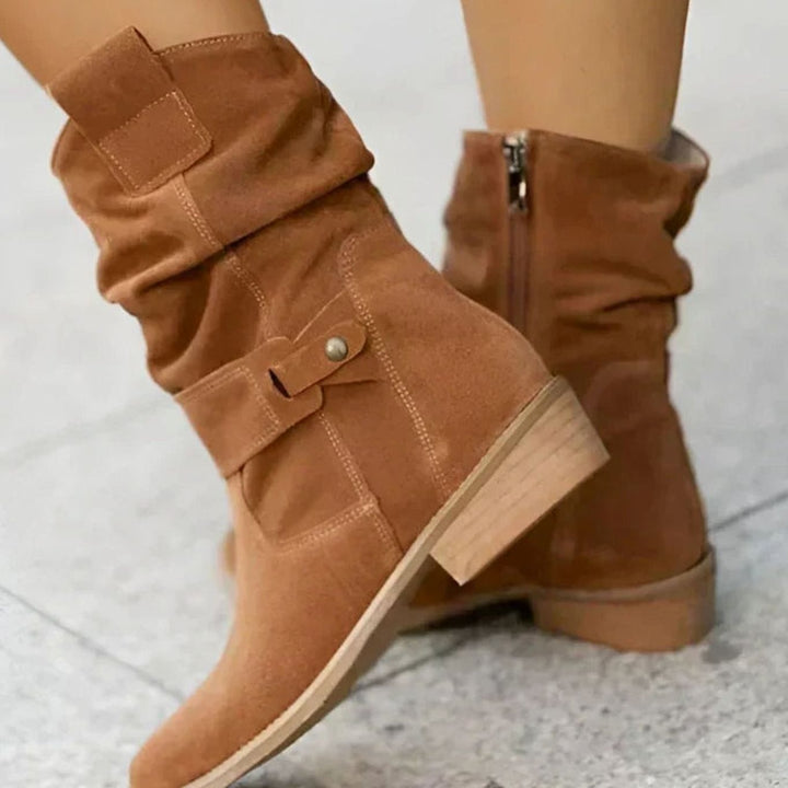 Women's Orthopedic Faux-Suede Slouch Ankle Boots Wide-Fit Block Heel - Brown