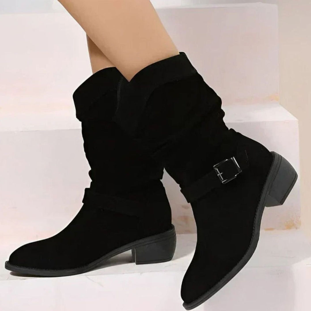 Women's Orthopedic Faux-Suede Slouch Ankle Boots Wide-Fit Block Heel - Black