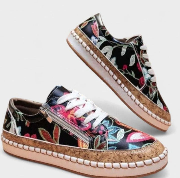 Women's Orthopedic Floral Cork-Sole Lace-Up Sneakers - Black Exotic