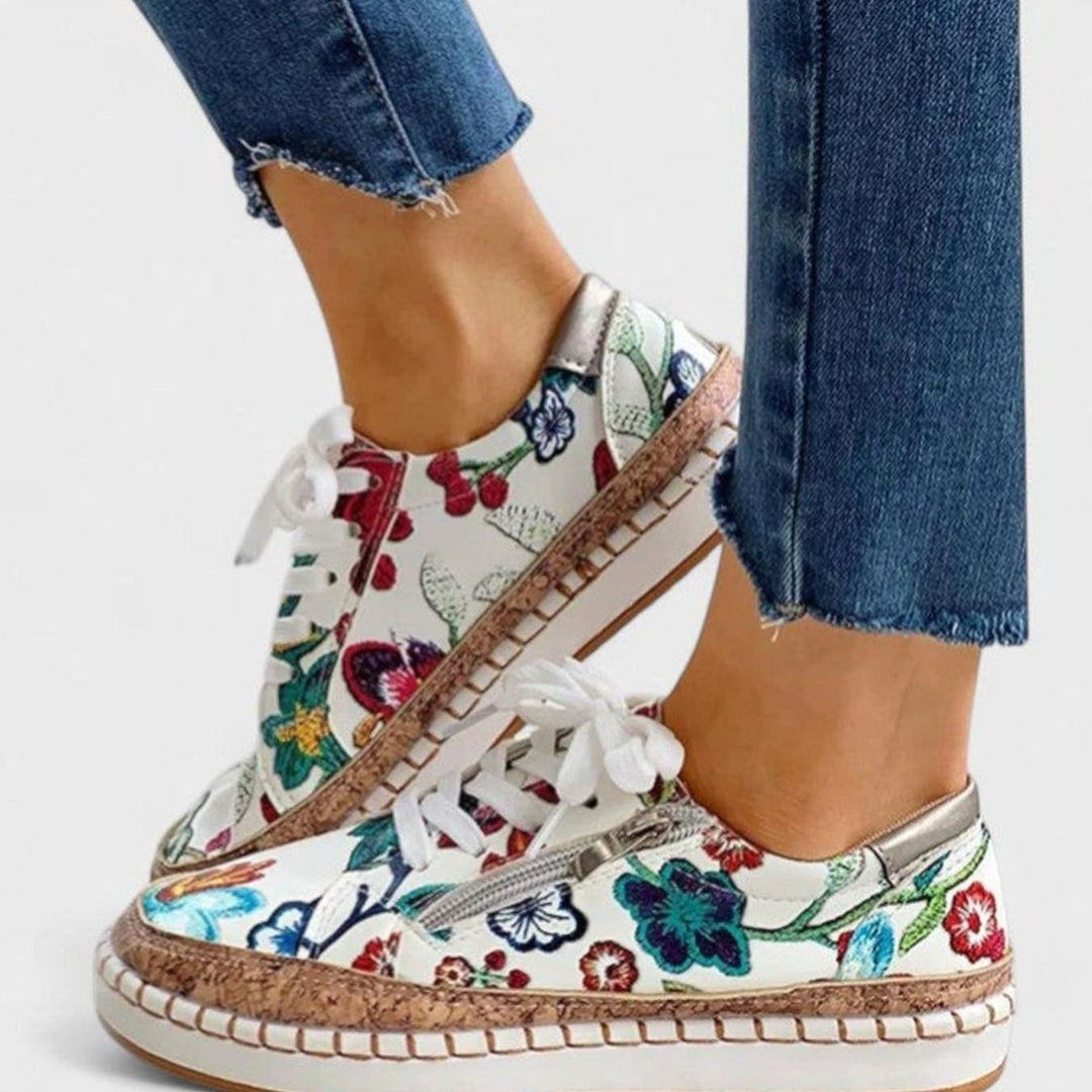 Women's Orthopedic Floral Cork-Sole Lace-Up Sneakers - Bella Flora