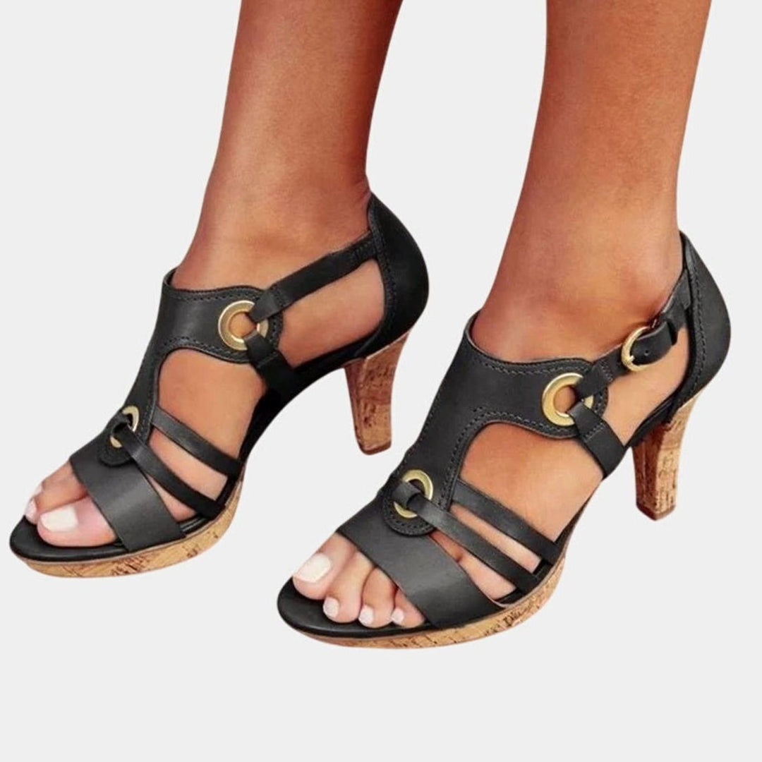 Women's Orthopedic Heels Open-Toe Strappy Cork Heel Sandals - Sapphire Black