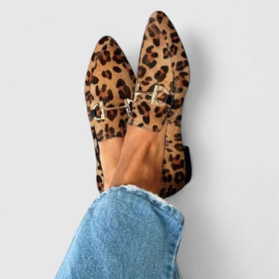 Women's Orthopedic Leopard-Print Pointed-Toe Gold-Bit Loafers - Leopard
