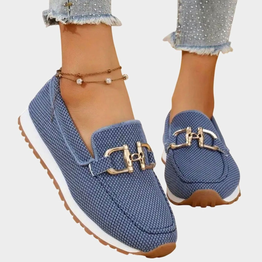 Women's Orthopedic Loafers Breathable Knit Gold Horsebit Slip-On Flats - Blue