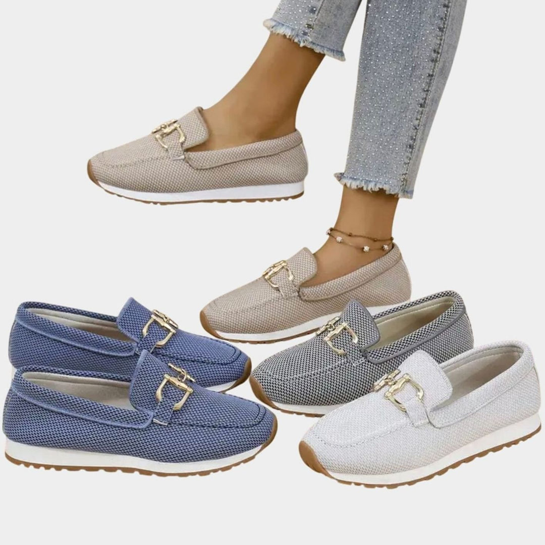 Women's Orthopedic Loafers Breathable Knit Gold Horsebit Slip-On Flats