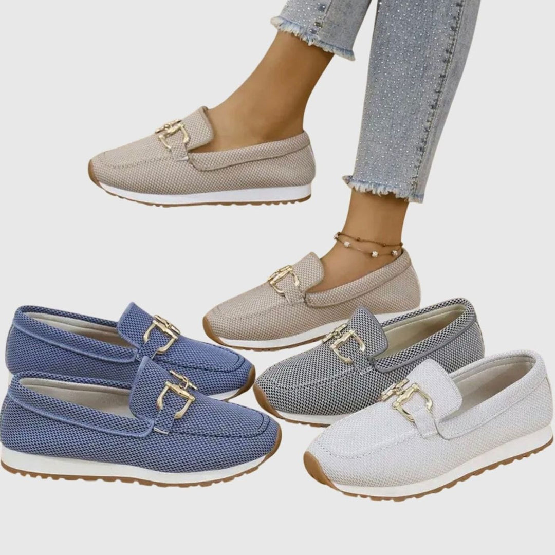 Women's Orthopedic Loafers Breathable Knit Gold Horsebit Slip-On Flats, Blue