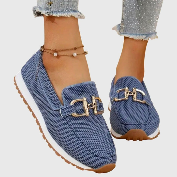 Women's Orthopedic Loafers Breathable Knit Gold Horsebit Slip-On Flats, Blue - Blue