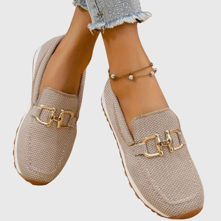 Women's Orthopedic Loafers Breathable Knit Gold Horsebit Slip-On Flats