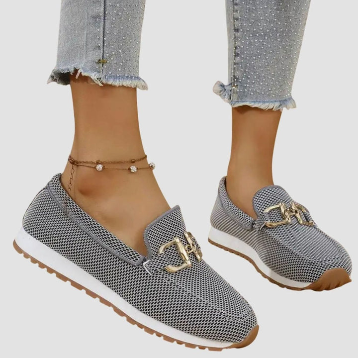 Women's Orthopedic Loafers Breathable Knit Gold Horsebit Slip-On Flats - Gray