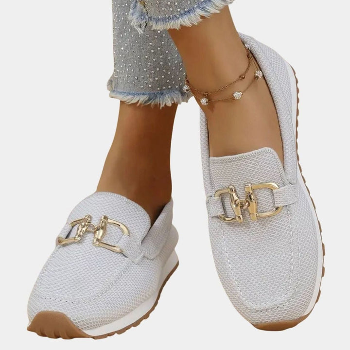Women's Orthopedic Loafers Breathable Knit Gold Horsebit Slip-On Flats