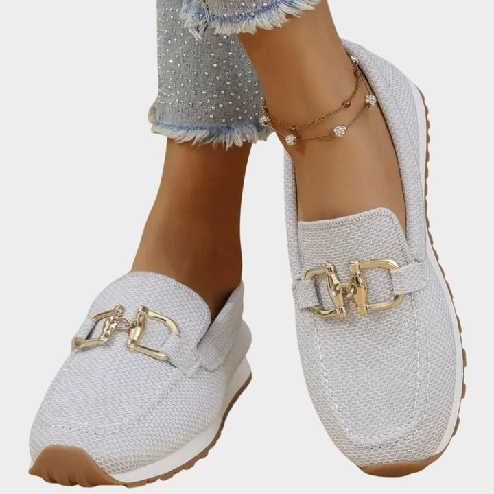 Women's Orthopedic Loafers Breathable Knit Gold Horsebit Slip-On Flats, Blue