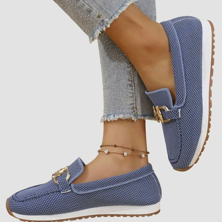 Women's Orthopedic Loafers Breathable Knit Gold Horsebit Slip-On Flats, Blue