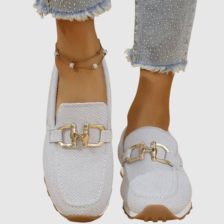 Women's Orthopedic Loafers Breathable Knit Gold Horsebit Slip-On Flats, Blue