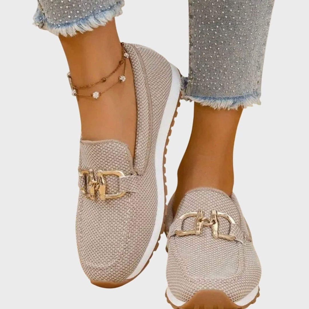 Women's Orthopedic Loafers Breathable Knit Gold Horsebit Slip-On Flats - Beige