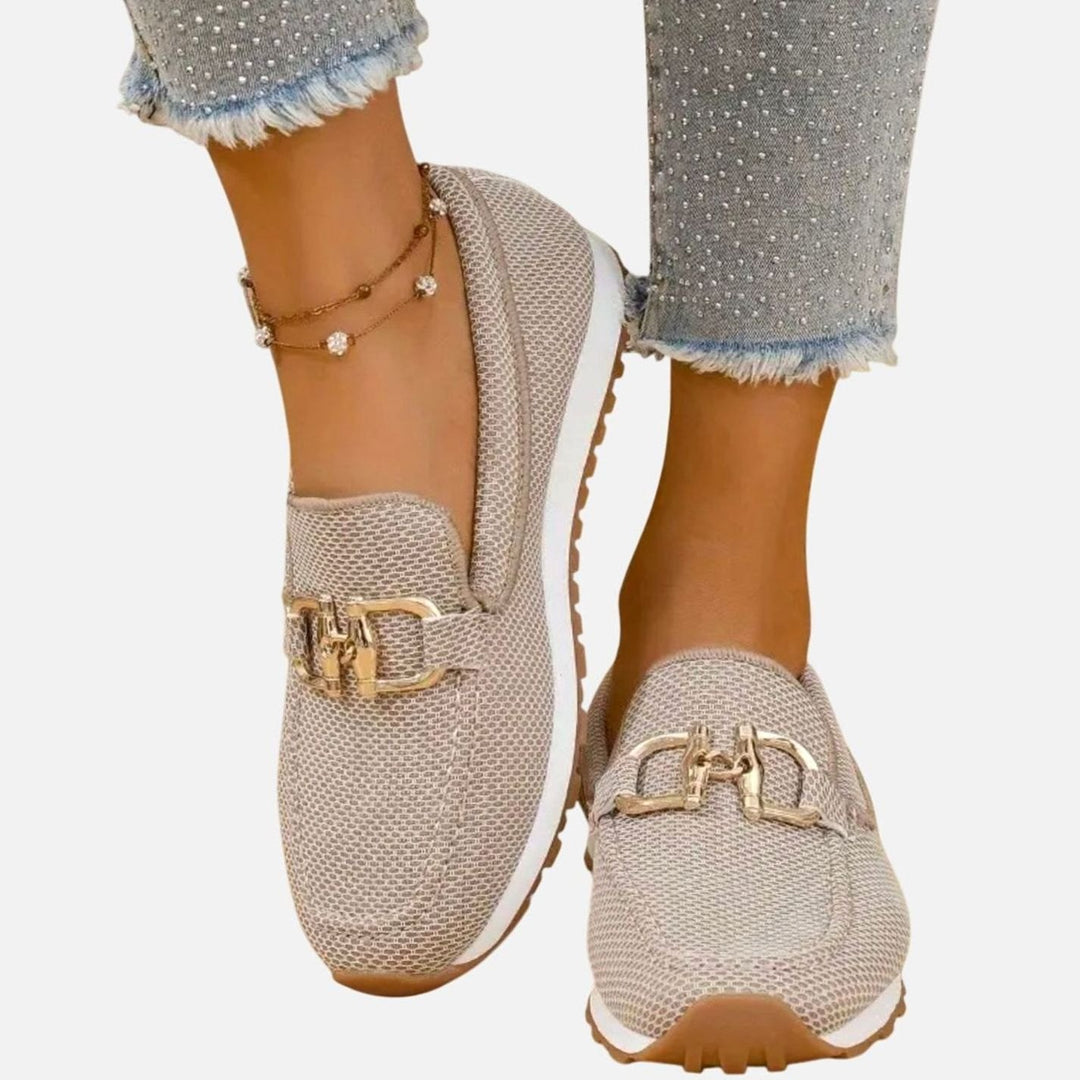 Women's Orthopedic Loafers Breathable Knit Gold Horsebit Slip-On Flats, Blue - Beige