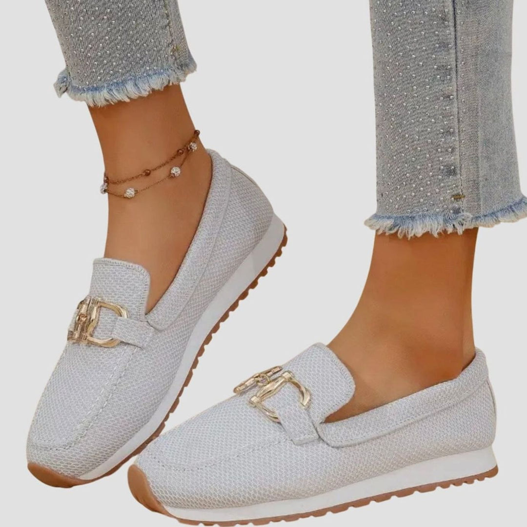 Women's Orthopedic Loafers Breathable Knit Gold Horsebit Slip-On Flats - White
