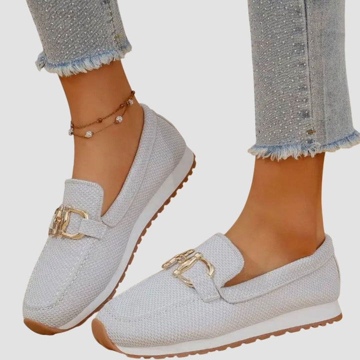 Women's Orthopedic Loafers Breathable Knit Gold Horsebit Slip-On Flats, Blue - White