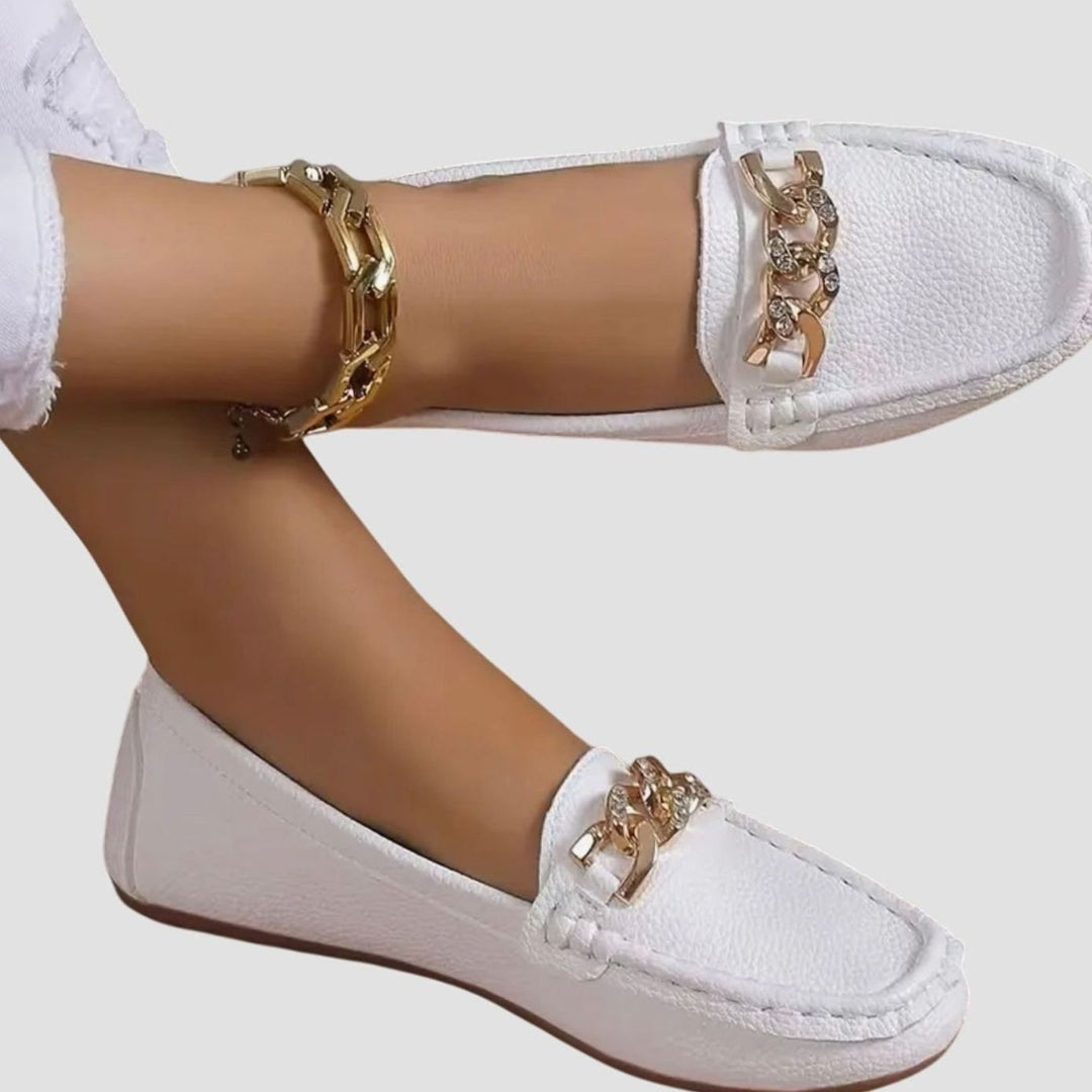 Women's Orthopedic Loafers Cushioned Insole Gold-Chain Slip-On Flats - White