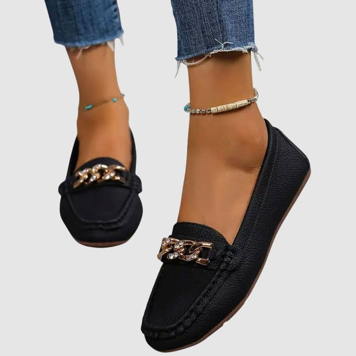 Women's Orthopedic Loafers Cushioned Insole Gold-Chain Slip-On Flats - Black