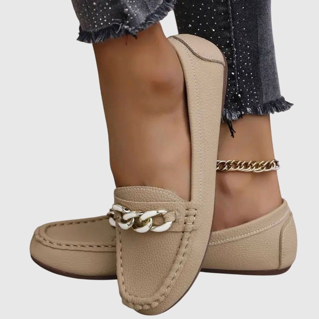 Women's Orthopedic Loafers Cushioned Insole Gold-Chain Slip-On Flats - Beige