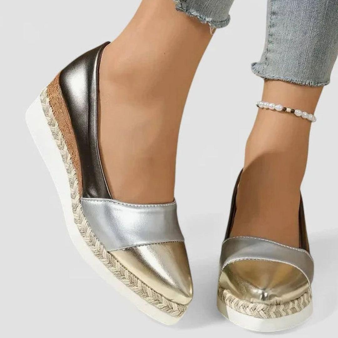 Women's Orthopedic Loafers Metallic Espadrille Wedge Slip-On Flats - Dark Gold