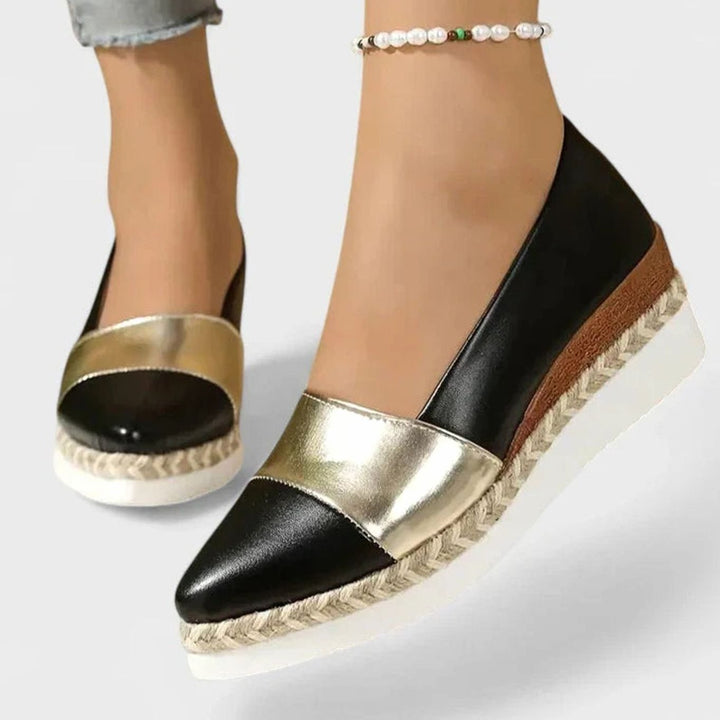 Women's Orthopedic Loafers Metallic Espadrille Wedge Slip-On Flats - Black