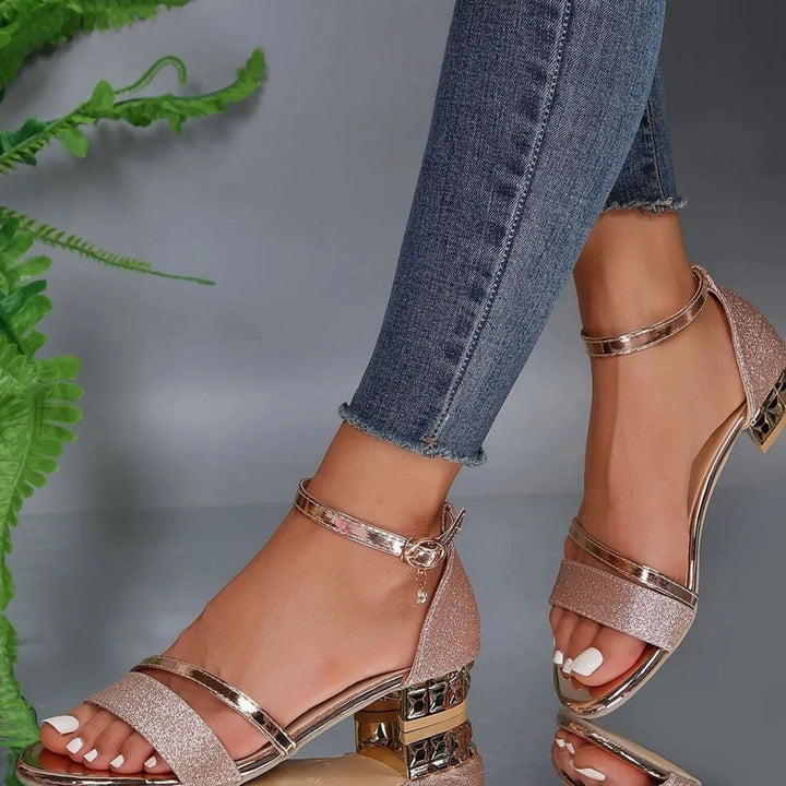 Women's Orthopedic Low-Block-Heel Ankle-Strap Glitter Sandals