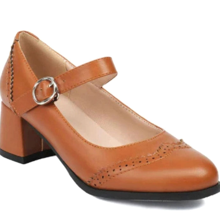 Women's Orthopedic Mary Jane Block-Heel Brogue Pumps - Brown