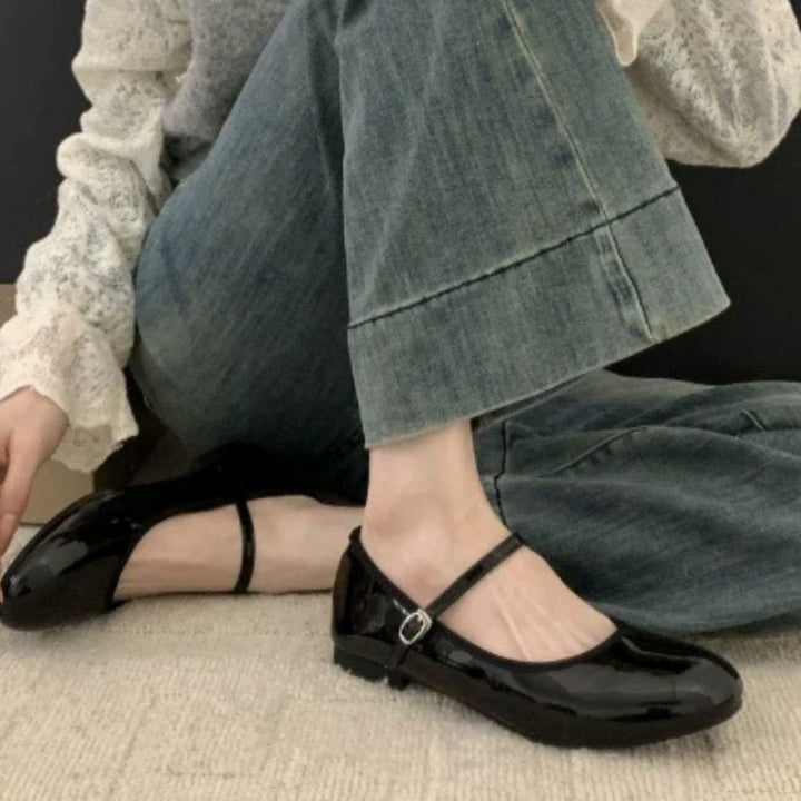 Women's Orthopedic Mary Jane Shoes Patent Cushioned Buckle Flats - Black