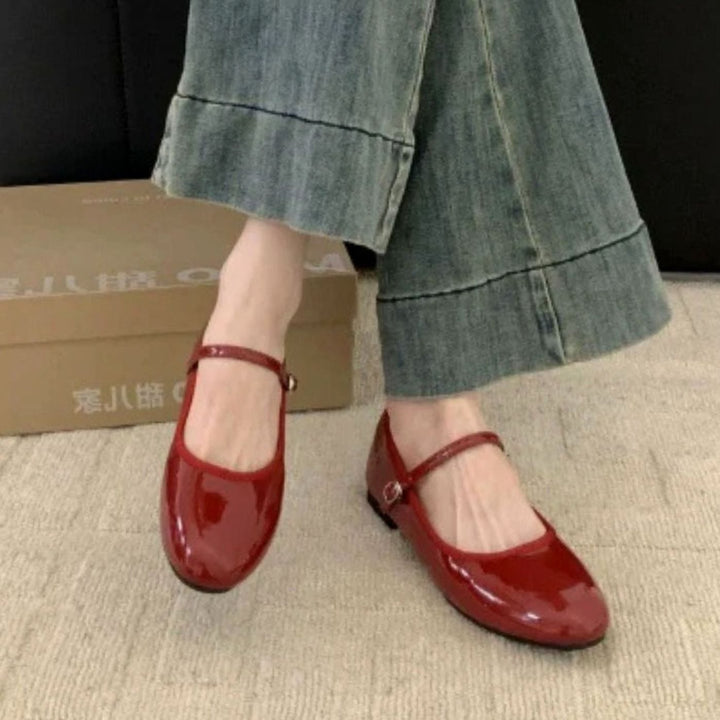 Women's Orthopedic Mary Jane Shoes Patent Cushioned Buckle Flats - Red