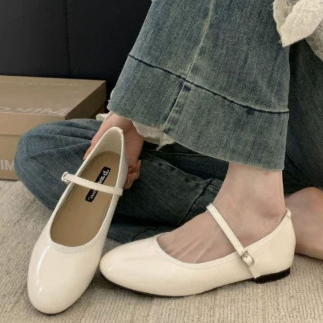Women's Orthopedic Mary Jane Shoes Patent Cushioned Buckle Flats - Beige