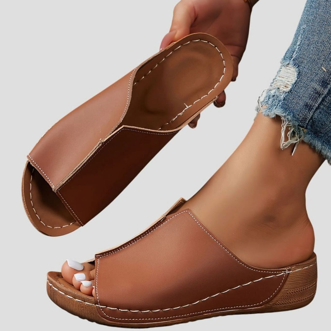 Women's Orthopedic Open-Toe Sandals Wedge Slip-On Slides - Light Brown