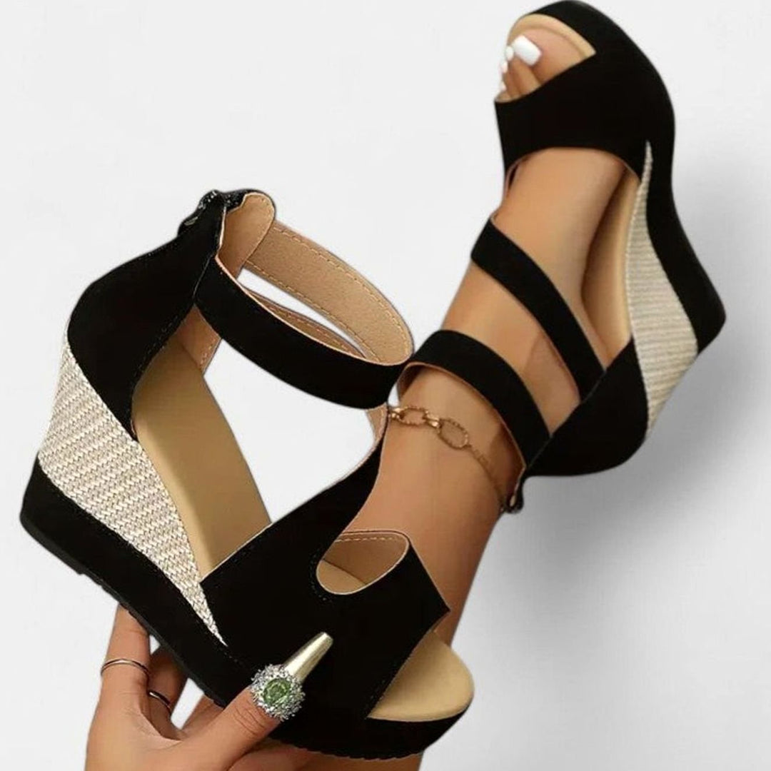 Women's Orthopedic Open-Toe Woven Wedge Sandals - Black