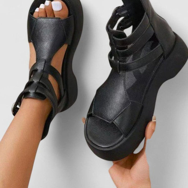 Women's Orthopedic Platform Sandals Buckle Ankle-Strap Open-Toe - Black