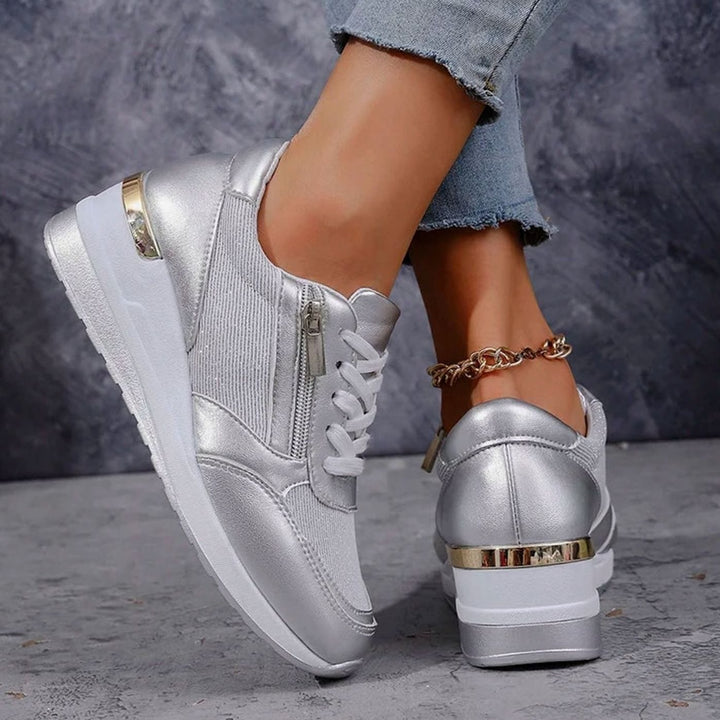 Women's Orthopedic Platform Sneakers Metallic Zip-Up Lace-Up Shoes - Silver
