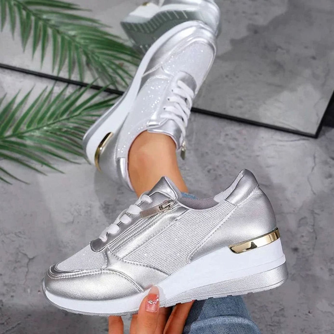 Women's Orthopedic Platform Sneakers Metallic Zip-Up Lace-Up Shoes