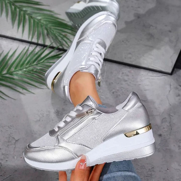 Women's Orthopedic Platform Sneakers Metallic Zip-Up Lace-Up Shoes
