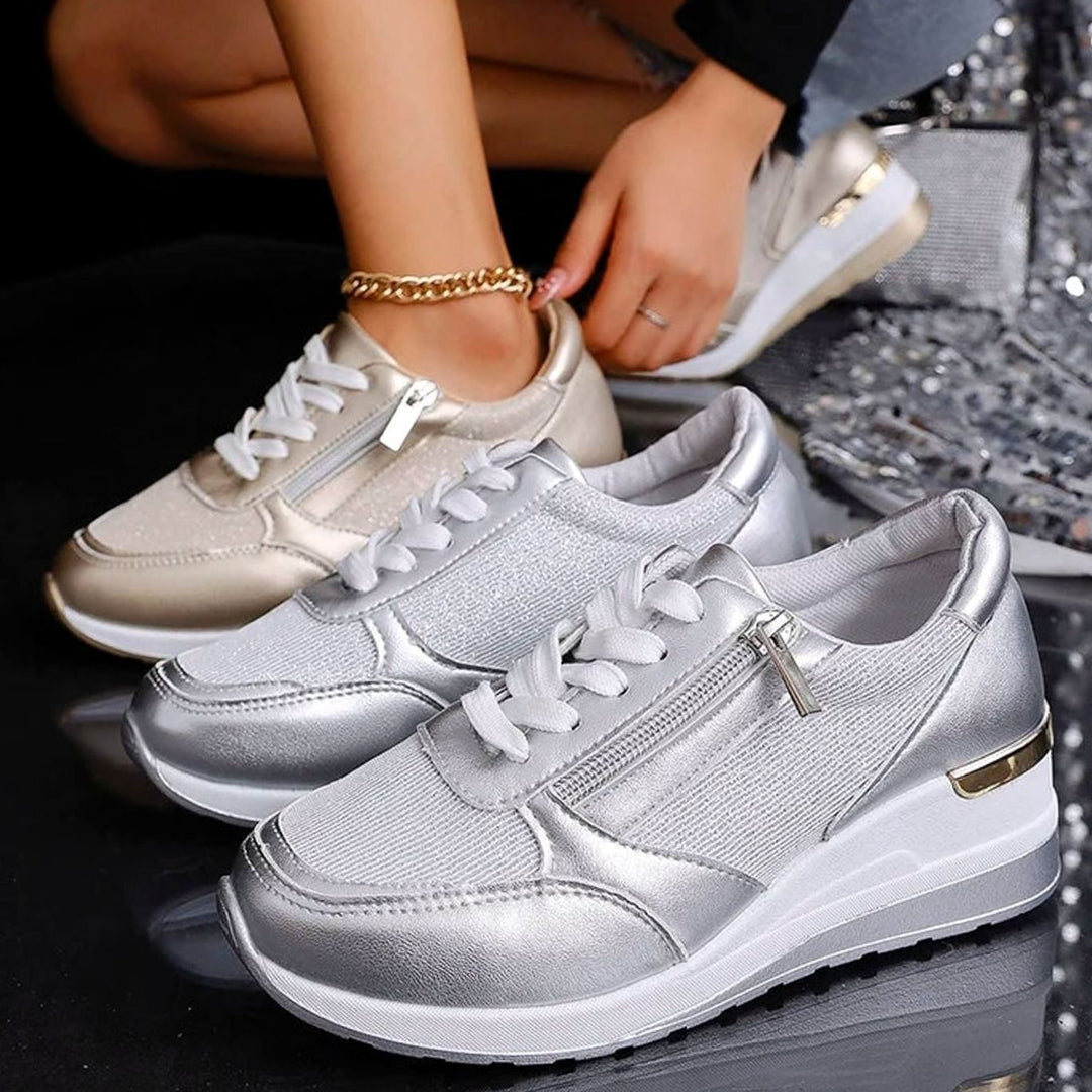 Women's Orthopedic Platform Sneakers Metallic Zip-Up Lace-Up Shoes