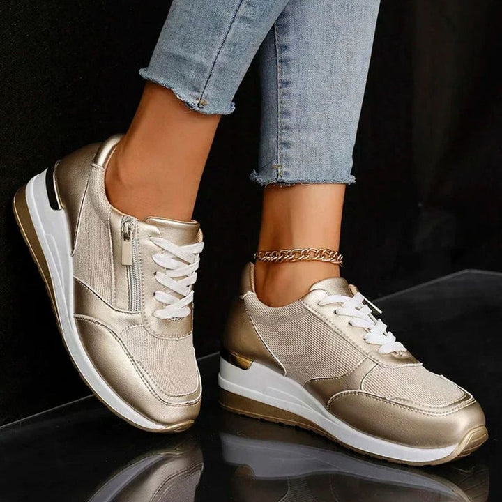 Women's Orthopedic Platform Sneakers Metallic Zip-Up Lace-Up Shoes - Gold