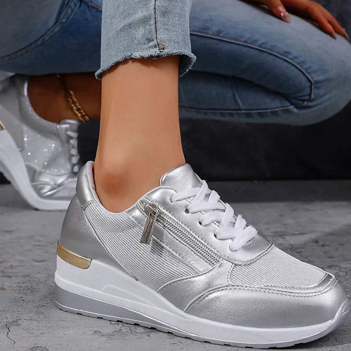 Women's Orthopedic Platform Sneakers Metallic Zip-Up Lace-Up Shoes