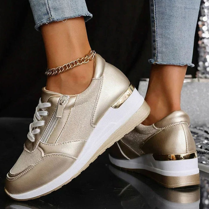 Women's Orthopedic Platform Sneakers Metallic Zip-Up Lace-Up Shoes